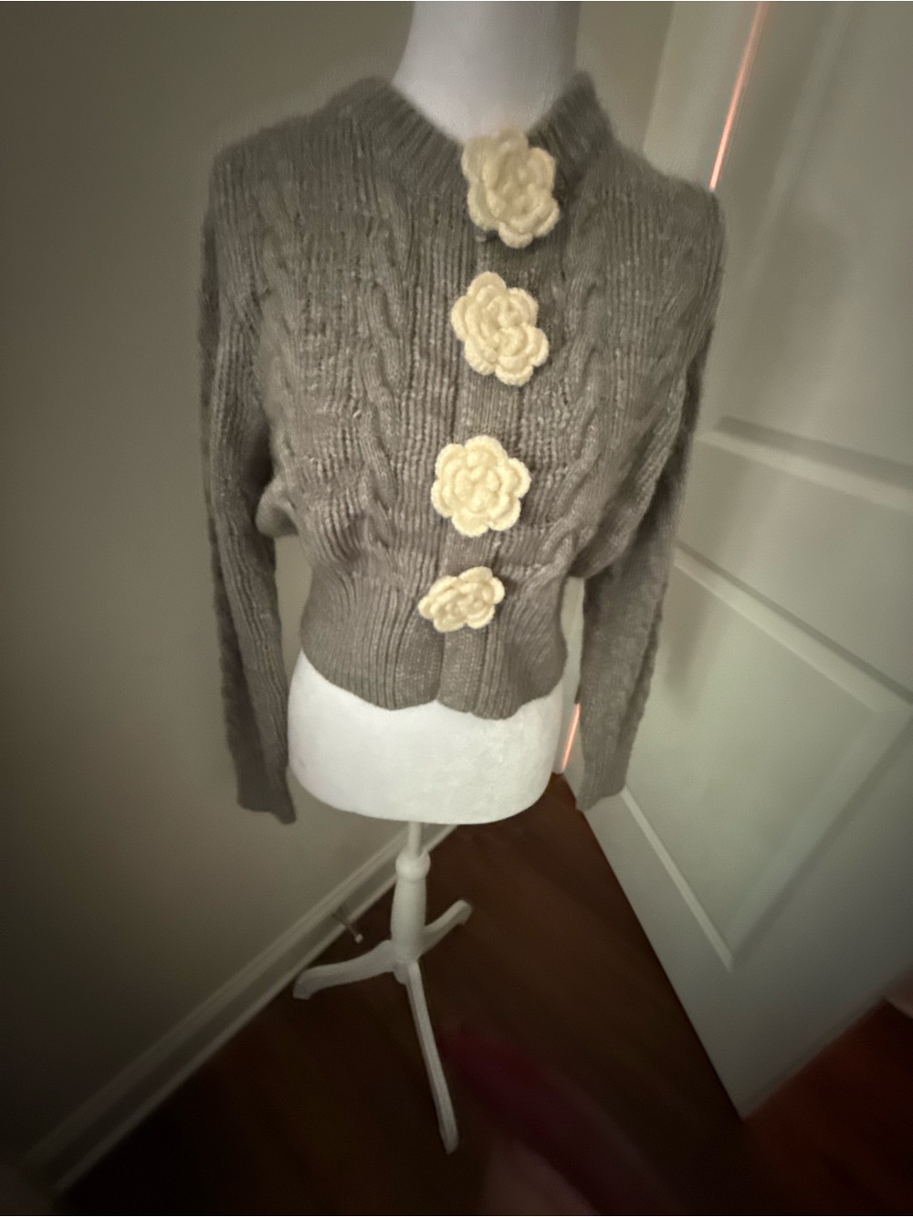 vestique Gray Cable-Knit Cardigan with Cream Floral Buttons